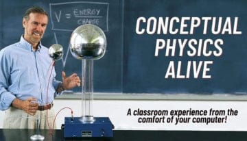 Paul Hewitt holds a discharge wand next to a Van de Graaff generator labeled 'Conceptual Physics Alive' on a blackboard background.