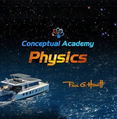 Book cover of 'Conceptual Academy Physics' by Paul G. Hewitt with a space-themed design and a boat illustration.