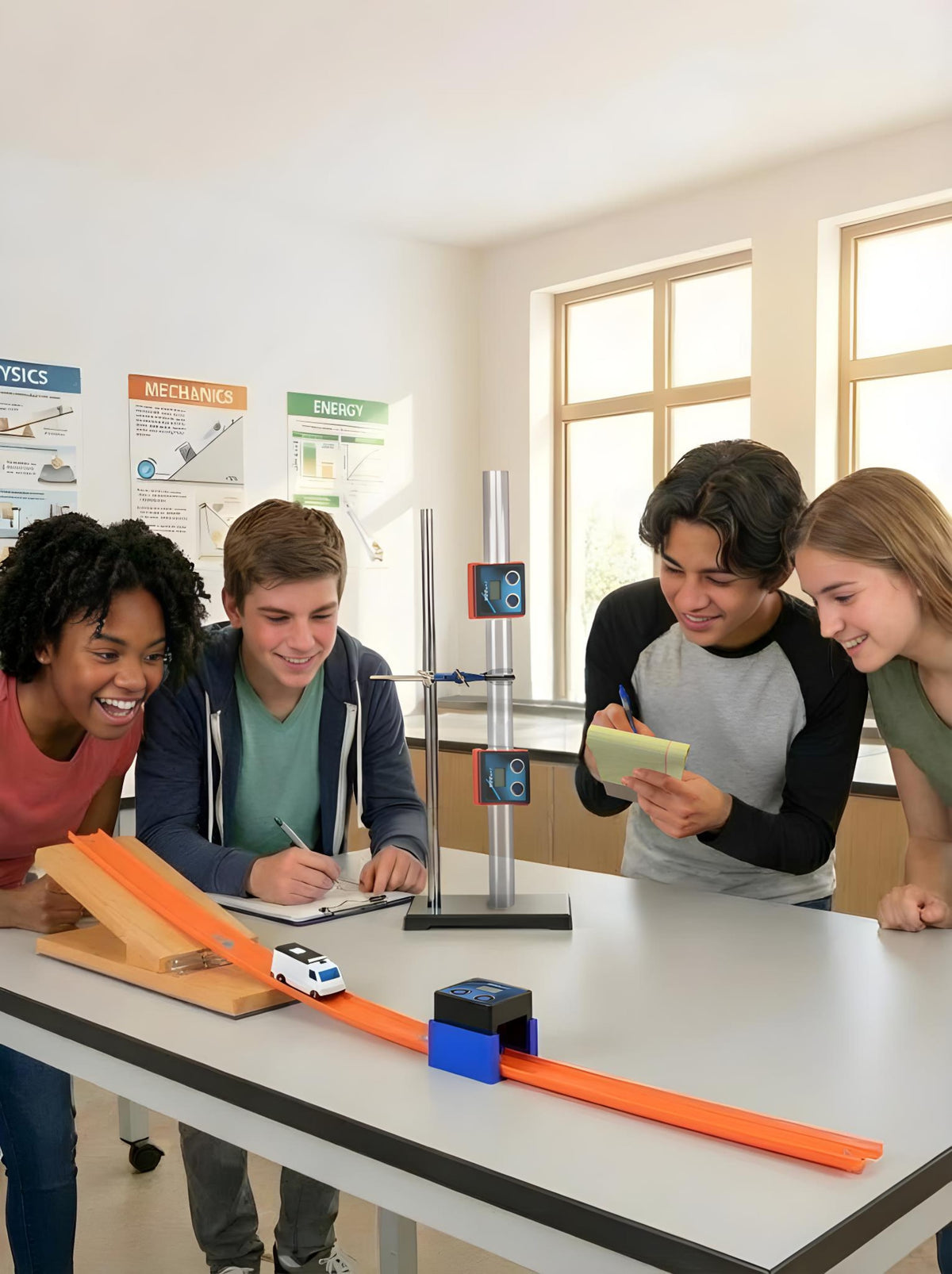 Four students gathered around a classroom table, observing a race track setup with a small white car.